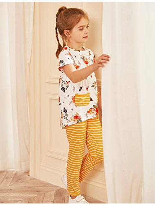 Arshiner Toddler Girls Outfits Floral Hi-Lo Tops+Pants Sets Short Sleeve 2pcs Pants Sets with Pockets