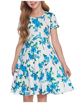 Girls Floral Dress Short Sleeve Summer Dresses Skater Twirl Sundress for Kids 4-13 Years