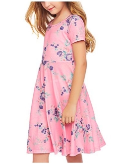 Girls Floral Dress Short Sleeve Summer Dresses Skater Twirl Sundress for Kids 4-13 Years