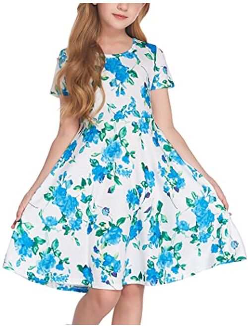 Arshiner Girls Floral Dress Short Sleeve Summer Dresses Skater Twirl Sundress for Kids 4-13 Years