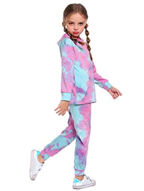 Arshiner Girl's 2 Piece Tie-dye Pullover Hooded Sweatshirt Set Loungewear Sweatpants
