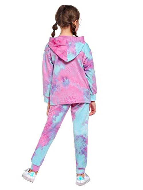 Arshiner Girl's 2 Piece Tie-dye Pullover Hooded Sweatshirt Set Loungewear Sweatpants