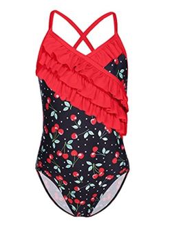 Kid Girl's Ruffle One Piece Swimsuit Hawaiian Cross Straps Swimwear Floral Summer Beach Bathing Suit