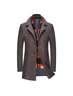 INVACHI Men's Slim Fit Winter Warm Short/Long Woolen Coat Business Jacket with Free Detachable Soft Touch Wool Scarf