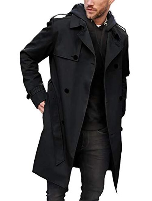 Buy Mens Trench Coat Slim Fit Double Breasted Long Jacket Notched Lapel ...