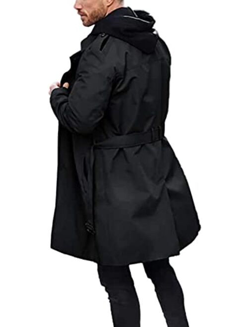 Mens Trench Coat Slim Fit Double Breasted Long Jacket Notched Lapel Belt Fall Windproof Coat