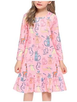 Girls' Sleepwear Long Sleeve Cat Nightgown Nightie Pajama Dress