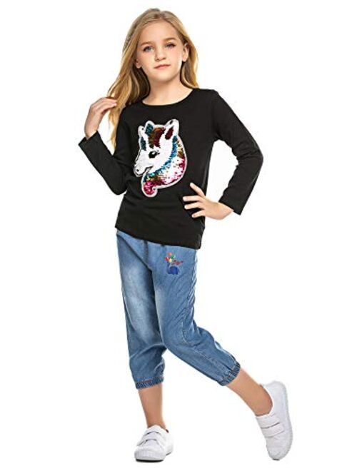 Arshiner Girls Unicorn Shirts Short Sleeve Flip Sequin T-Shirt Tops