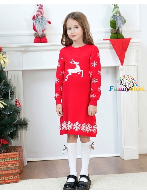 Funnycokid Little Girls Christmas Dress Xmas Gifts Knitted Sweater Dress Long Sleeve 2-9T