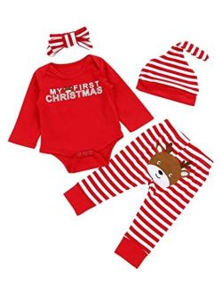 Von kilizo Baby Girl Christmas Outfit Baby Girl Long Sleeve Rompers Striped Pant Sets My First Christmas Baby Girl Outfit