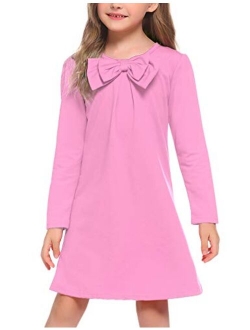 Girls Dress Long Sleeve Solid Tunic Dress for Girls with Big Bow Tie
