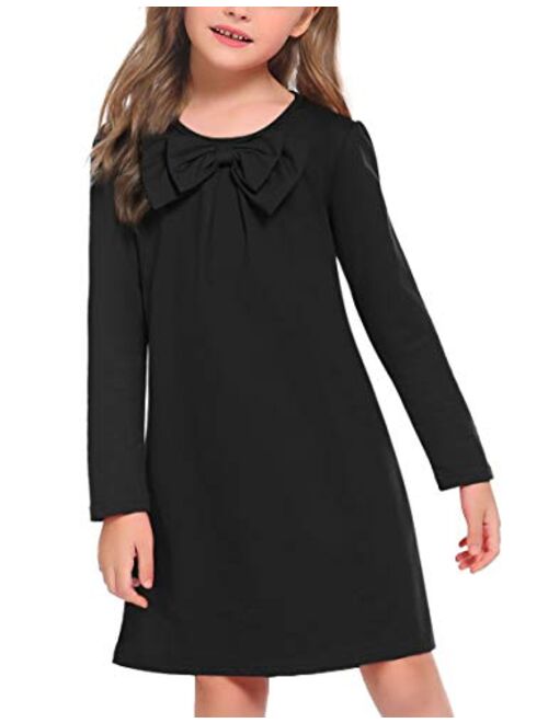Arshiner Girls Dress Long Sleeve Solid Tunic Dress for Girls with Big Bow Tie