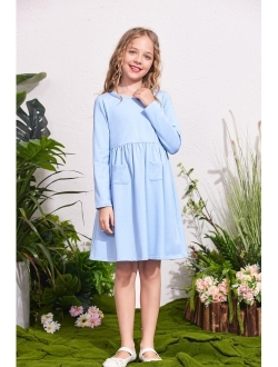 Little Girls Dress Long Sleeve Solid Color Casual Skater Pocket Dress