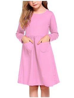Little Girls Dress Long Sleeve Solid Color Casual Skater Pocket Dress