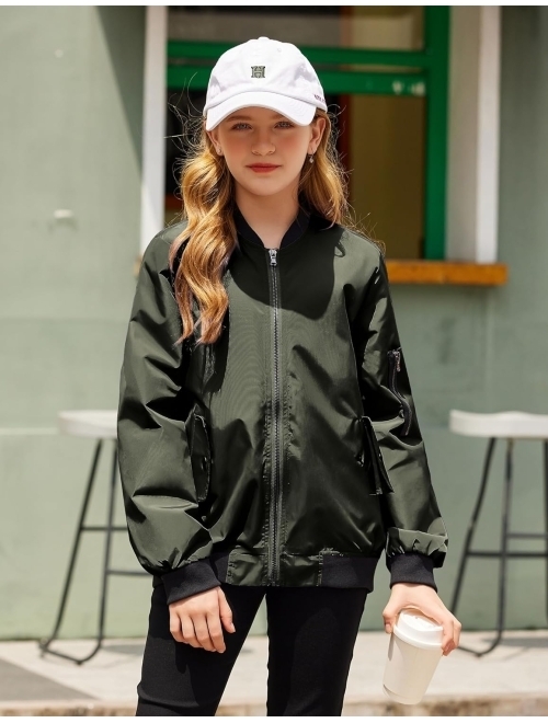 Arshiner Girls' Bomber Jacket Casual Coat Zip Up Outerwear with Pockets for 4-12 Years