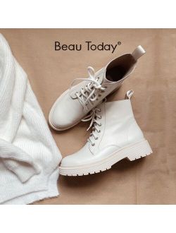 BeauToday Ankle Boots Women Genuine Cow Leather Lace-Up Round Toe Lady Booties Autumn Winter Platform Sole Shoes Handmade 03429
