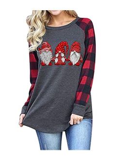 BLANCHES Christmas Gnome Shirts Women Plaid Splicing Tshirt Holiday Baseball Tops