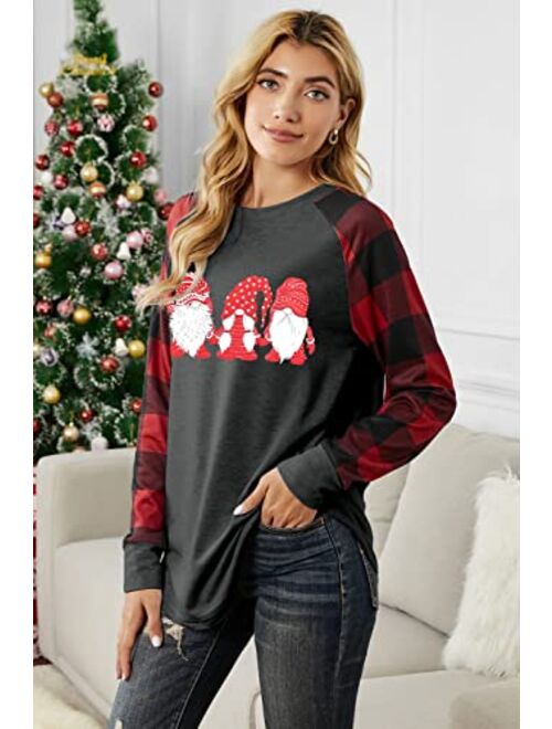 BLANCHES Christmas Gnome Shirts Women Plaid Splicing Tshirt Holiday Baseball Tops
