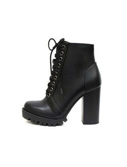 Chalet – Fashion Lace up Military Inspired Ankle Boot with Stacked Heel and Side Zipper