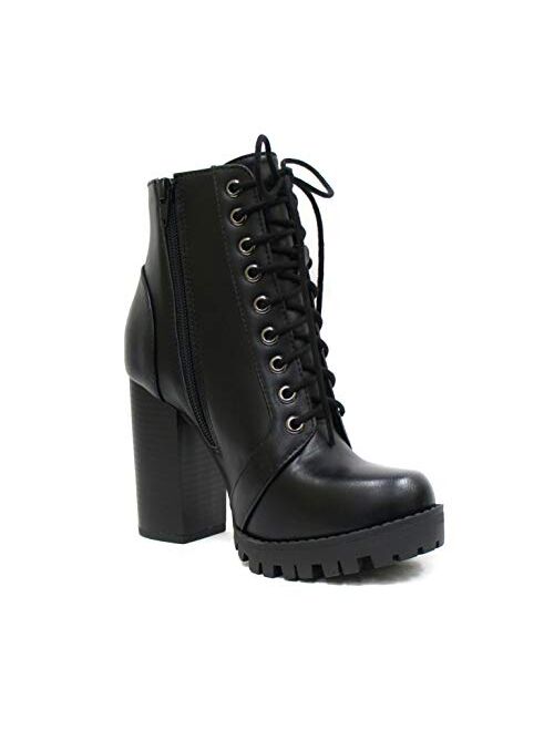 Soda Chalet – Fashion Lace up Military Inspired Ankle Boot with Stacked Heel and Side Zipper