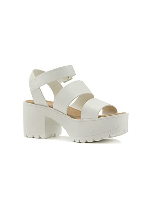 SODA ACCOUNT ~ Women Open Toe Two Bands Lug sole Fashion Block Heel Sandals with Adjustable Ankle Strap