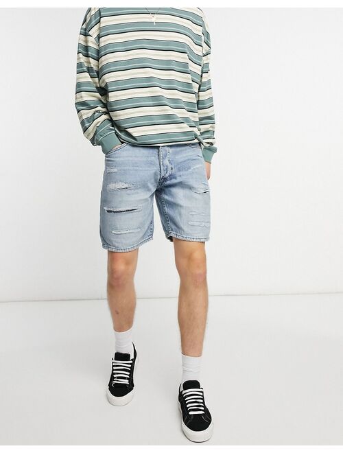 Pull&Bear regular fit shorts with heavy rips in light blue