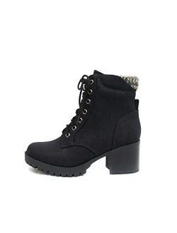 Single Lug Sole Chunky Heel Combat Ankle Boot Lace up w/Side Zipper