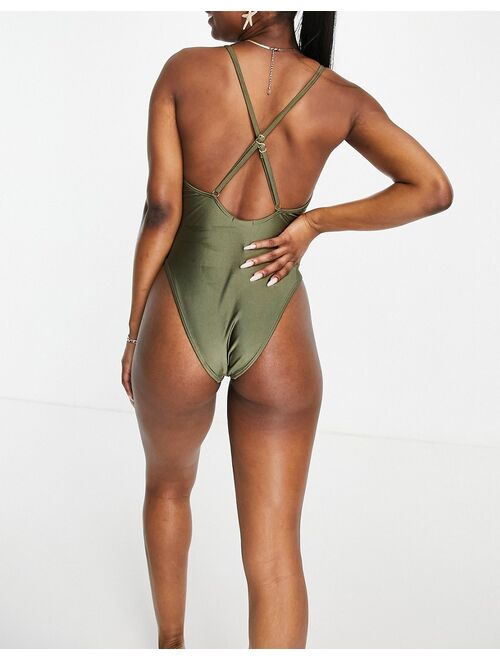 Public Desire high leg plunge swimsuit with cross back detail in olive green
