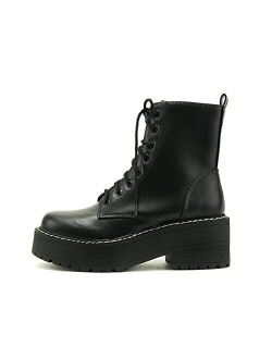 FLING Women Chunky Lug Sole Lace up Fashion Combat Ankle Boot w/Side Zipper