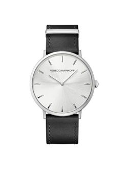 Women's Stainless Steel Quartz Watch with Leather Calfskin Strap, Black, 20 (Model: 2200011)