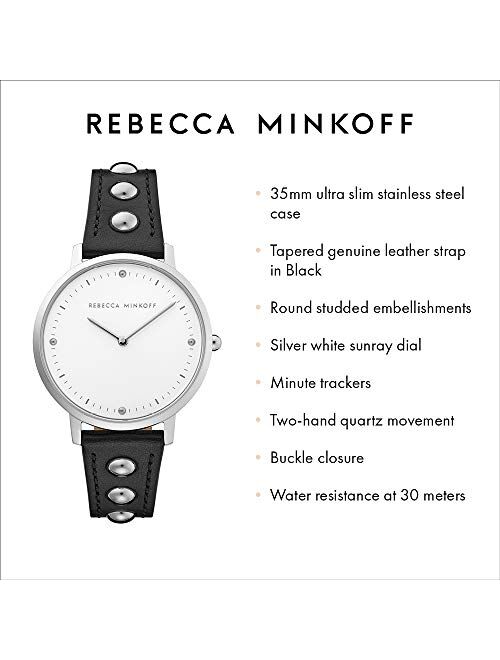 Rebecca Minkoff Women's Stainless Steel Quartz Watch with Leather Calfskin Strap, Black, 16 (Model: 2200320)