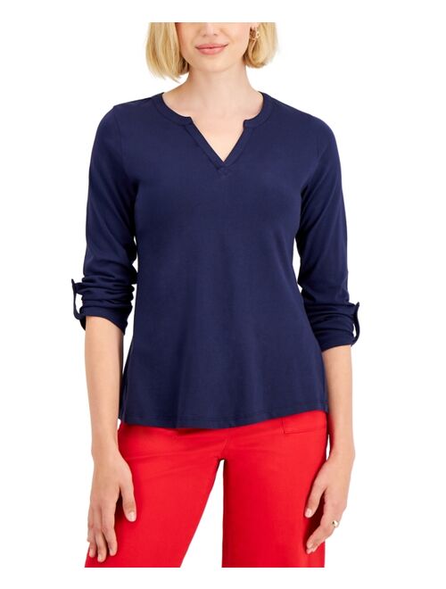 Charter Club Cotton Split-Neck Top, Created for Macy's