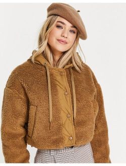 cropped teddy bomber jacket with quilted hood mix in brown