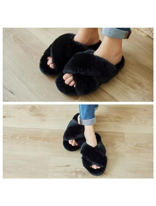 Tiosebon Women's Open Toe Fluffy Slippers-Two Band Slides Soft Luxury Plush Shoes