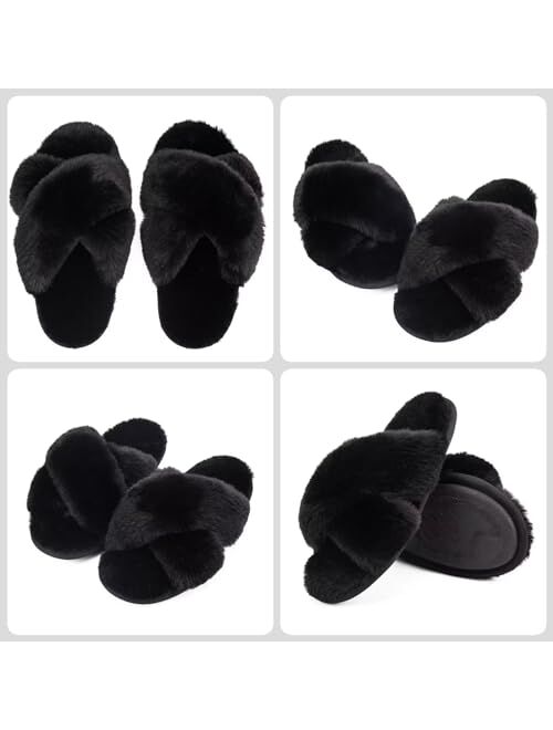 Tiosebon Women's Open Toe Fluffy Slippers-Two Band Slides Soft Luxury Plush Shoes