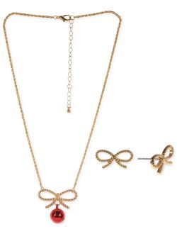Holiday Lane Gold-Tone Bow & Bell Pendant Necklace & Stud Earrings Set, Created for Macy's