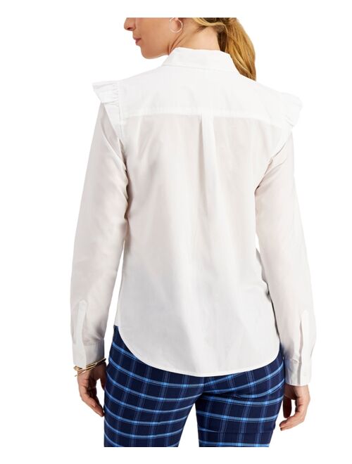 Charter Club Petite Cotton Tie-Neck Ruffled-Shoulder Blouse, Created for Macy's