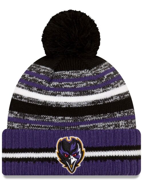New Era Big Boys Black and Purple Baltimore Ravens 2021 NFL Sideline Sport Pom Cuffed Knit Hat