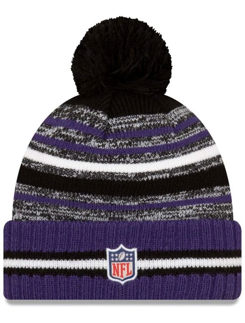 New Era Big Boys Black and Purple Baltimore Ravens 2021 NFL Sideline Sport Pom Cuffed Knit Hat