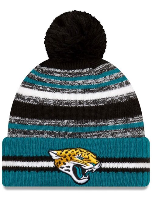 New Era Big Boys Black and Teal Jacksonville Jaguars 2021 NFL Sideline Sport Pom Cuffed Knit Hat
