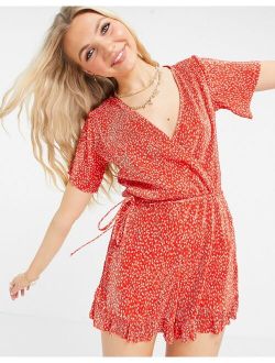 wrap front romper in red floral print