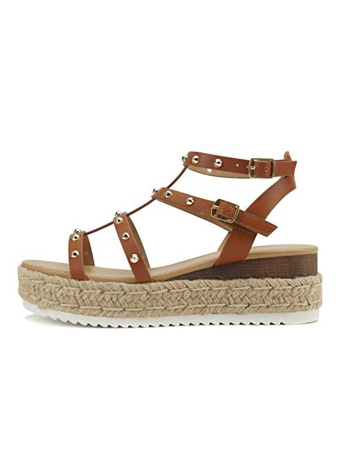 SODA SOMEHOW ~ Women Open Toe Espadrille Wrap Flatform with Round Stud Fisherman Upper Adjustable Buckles Fashion Wedge Sandals