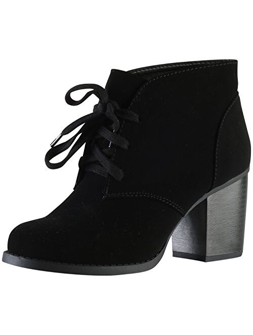 SODA Delicious Women's Ripley Sueded Lace Up Chunky Stacked Heel Ankle Bootie