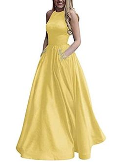 Women's Long Beaded Halter Satin Prom Dress A Line Open Back Evening Gowns with Pockets