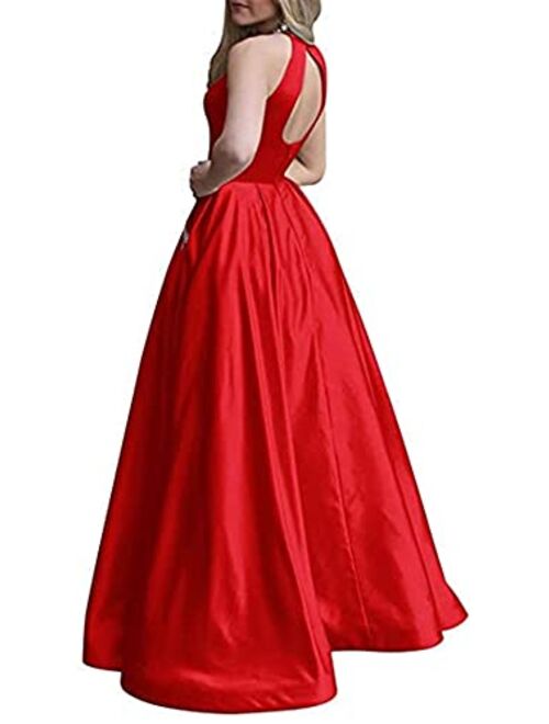 Gricharim Women's Long Beaded Halter Satin Prom Dress A Line Open Back Evening Gowns with Pockets