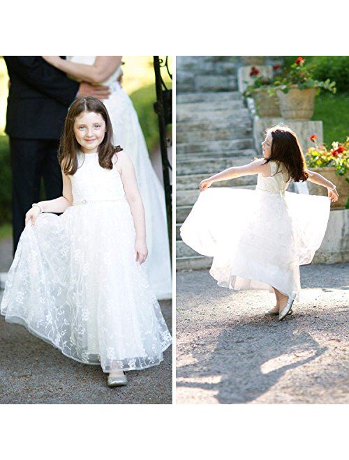 Abaowedding A line Wedding Pageant Lace Flower Girl Dress with Belt 2-12 Year Old
