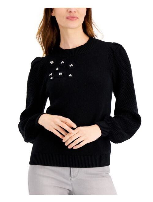 Charter Club Embellished Puff Sleeve Sweater, Created for Macy's