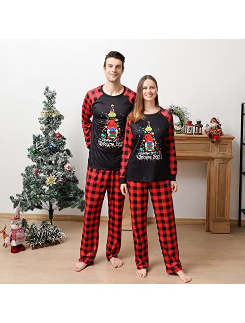 Family Christmas Pajamas Matching Sets, Cute Printed Top + Plaid Pants Sleepwear, Holiday PJs for Women/Men/Kids/Couples
