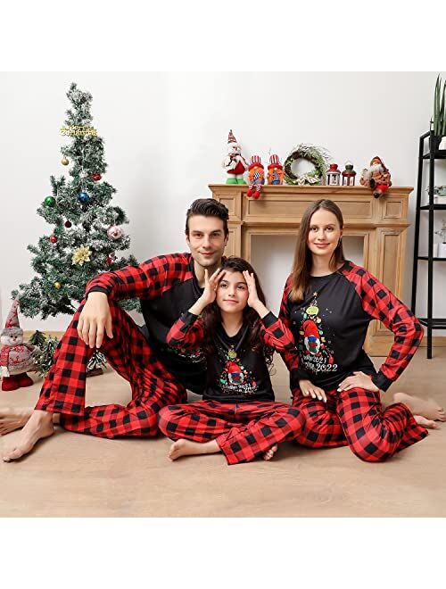 Family Christmas Pajamas Matching Sets, Cute Printed Top + Plaid Pants Sleepwear, Holiday PJs for Women/Men/Kids/Couples