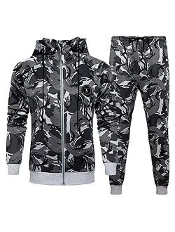 Mens Hooded Jumpsuit Full Zip Tracksuit Sweat Suit 2 Piece Hoodie Tracksuit Sets Casual Comfy Camo Jogging Sports Suits